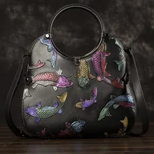 Настоящая Натуральная кожа, женская сумка через плечо, сумка через плечо, Национальный стиль, красная рыба, тисненая Сумка-тоут, Сумка с верхней ручкой