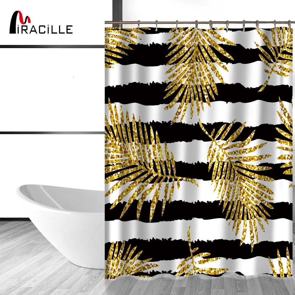 

Miracille Modern Glitter Gold Leaves Pineapple Print Shower Curtains Polyester Waterproof Cat Flamingo Style Bathroom Curtain