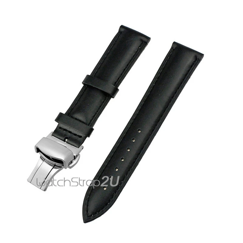 

Smooth Black Brown Genunine Leather Matte Silver Deployment Clasp Watch Band