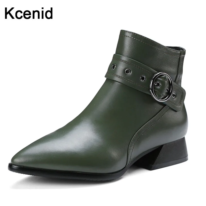 

Kcenid Plus size 42 winter new pointed toe genuine leather boots low heel ankle boots for women fashion buckle strap punk shoes