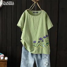 ZANZEA топы с вышивкой женские летние блузки повседневные футболки с коротким рукавом женские блузы с круглым вырезом модные туники размера плюс
