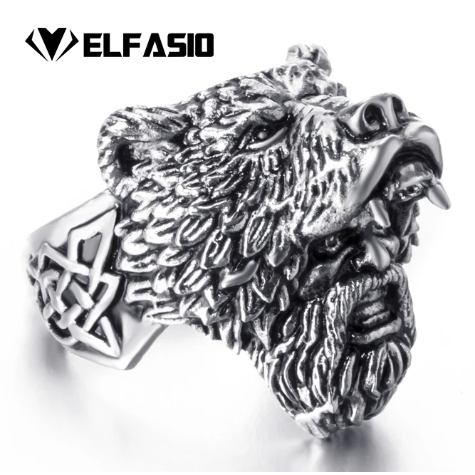 

Elfasio Man Stainless Steel Ring Viking Bear Warrior Titanium Silver Black Punk Biker Rings SIze 7-14