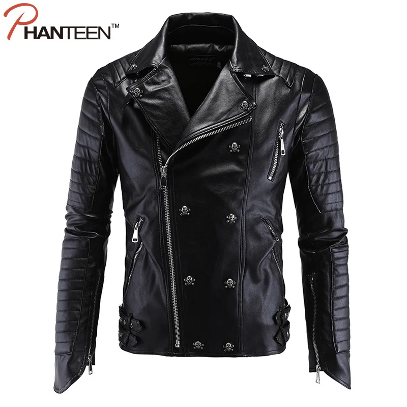 Phanteen Punk Man Jackets Skull Rivet Pu Faux Leather Motorcycle Jackets Walking Dead Negan Fashion Plus Size Men Clothing