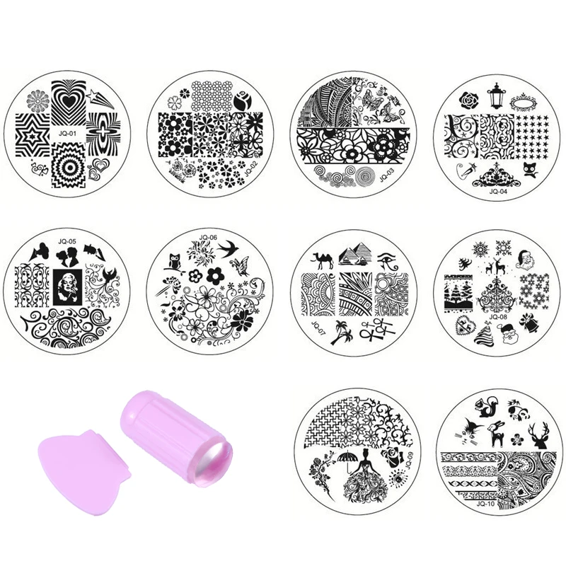 

10Pcs Nail Stamping Plate With 1Pcs Pink Stamper Template Image Plates Nail Stamp Plate Nail Art Tools JT091