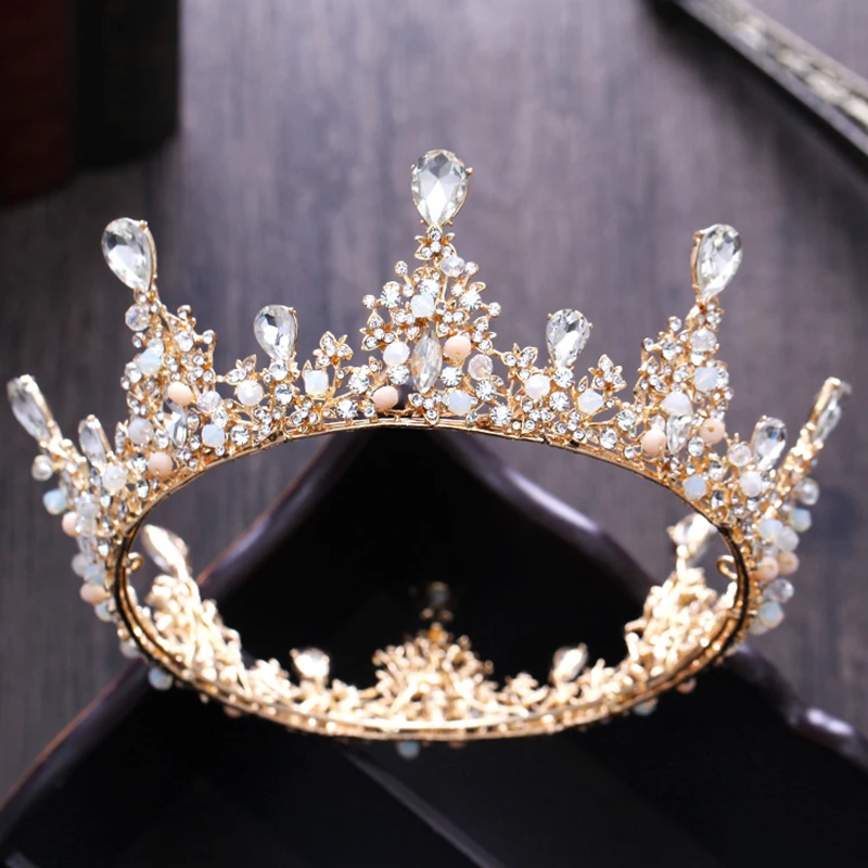 

Luxury Gold Pearl Crystal Wedding Bridal Crown Tiara Hair Jewelry Round Rhinestone Pink Beads Head Piece Hair Accessories