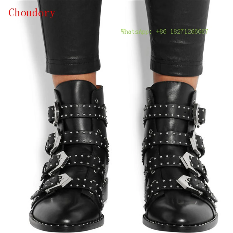 

2017 Punk Womens Spring Shoes Rivet Metal Bukle Genuine Leather Ankle Martin Boots Women Botines Mujer Slip on Shoes for Women