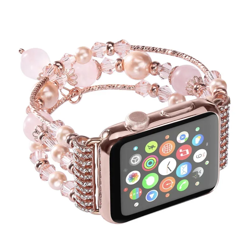Для наручных часов Apple Watch, версии ручной работы эластичные браслеты из бус из искусственного жемчуга браслет с агатами на Для женщин девочек ремешок для умных часов