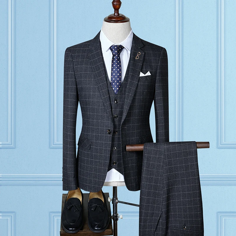 2019 Classic Black Plaid Suit Tuxedo Men Three-piece Set Size 4XL Slim Fit Mens Suits Jackets + Vests +Pants