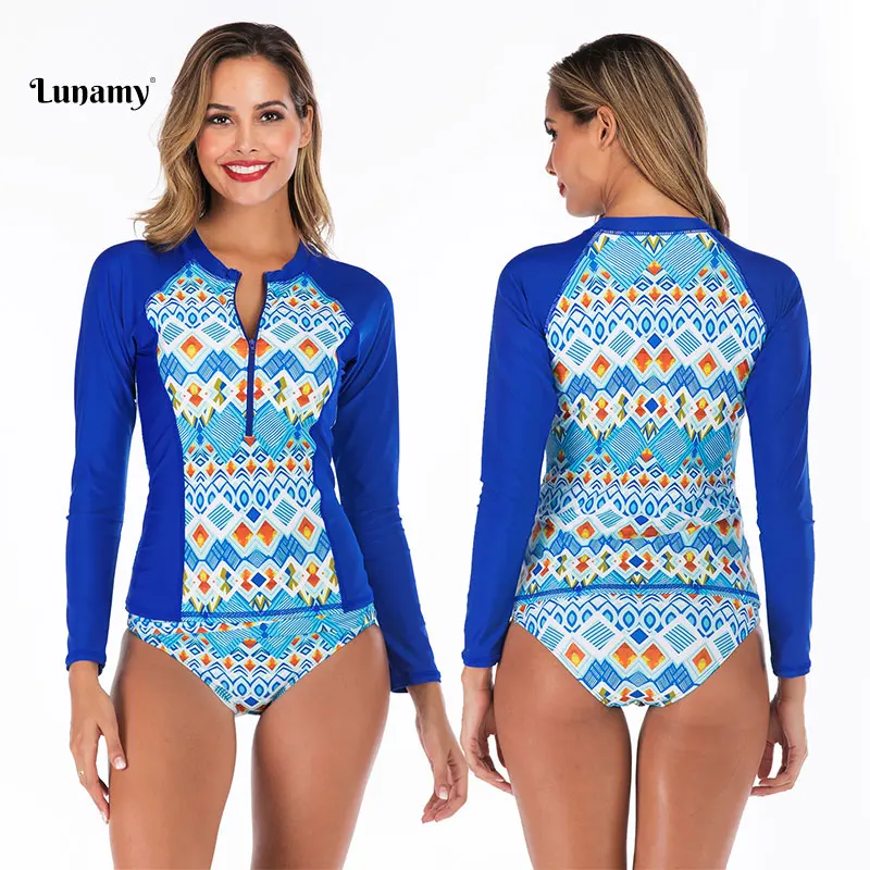 

Lunamy 2019 Vintage Geometric Patchwork Swimsuit Women Two Piece Swimwear Long Sleeve Rash Guard Zippered Bathing Suit Beachwear