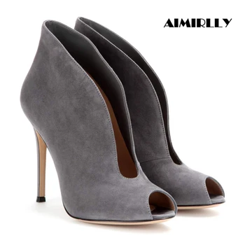 

Womens Shoes Open Toe Ankle Boots Curvaceous Silhouette Ladies Autumn Spring High Heel Booties Grey Black Faux Suede Slip On