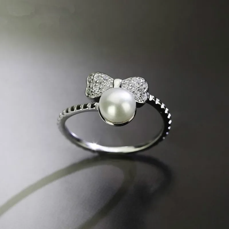

New Arrivals 100% Authentic 925 Sterling Silver Cubic Zirconia Bowknot Pearl Open Rings For Women Wedding Bands