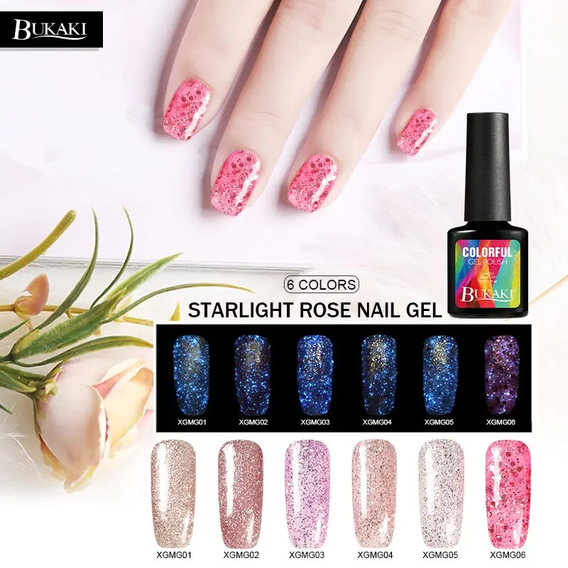 

BUKAKI Fluorescent Glitter Effect Nail Gel Varnish Luminous Rose Gold Nail Art UV Gel Lacquer Hybrid Coat Nail Polish