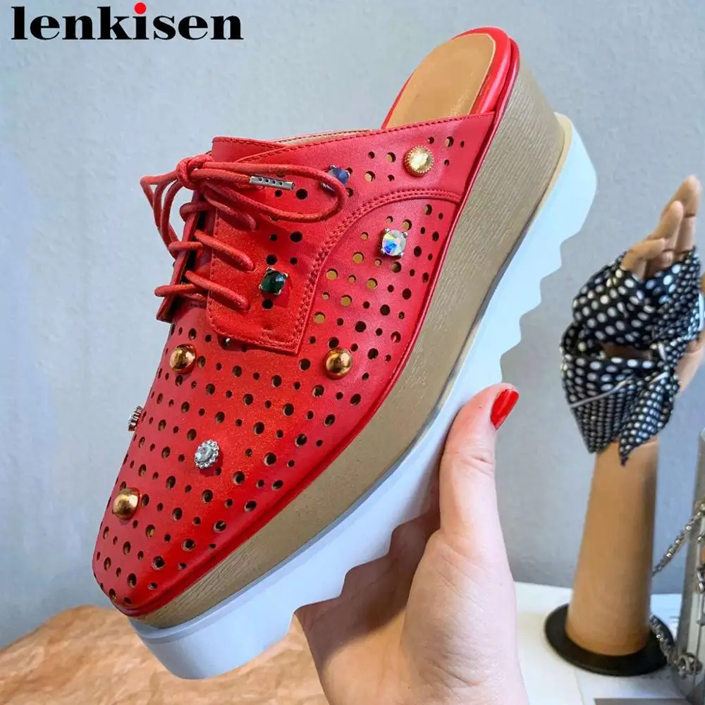 

Lenkisen full grain leather slip on mules wedges platform square toe high heels rivets crystals decoration increased pumps L25