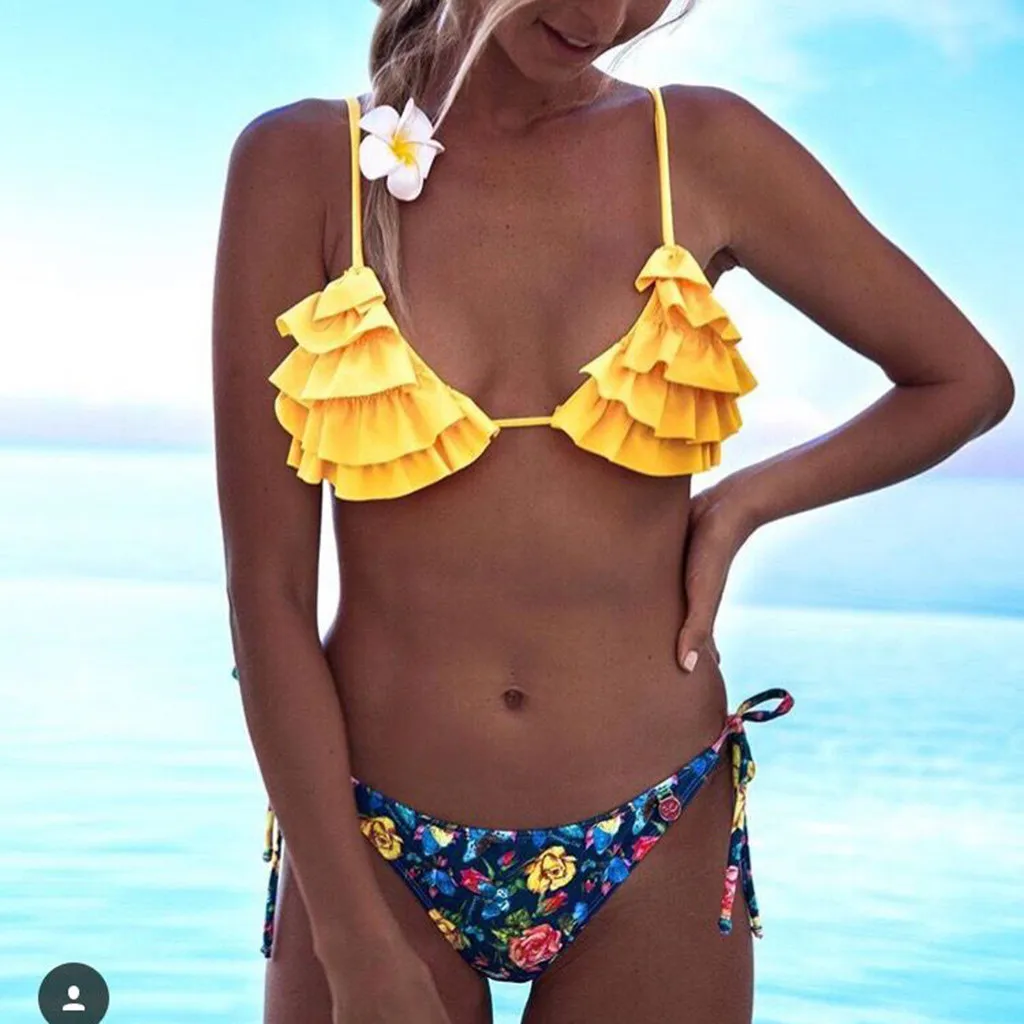 

Bikinis 2019 Mujer Swimsuit Yellow seashell Bikini set Tie side Swimwear Women Print Bandage Biquini Swimming Suit For Women