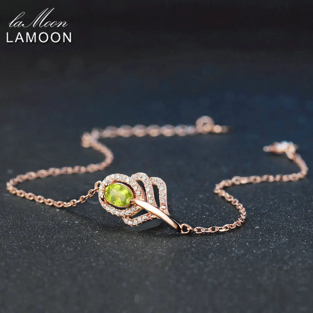 LAMOON Classic Leaf 100% Natural Oval Green Peridot Sterling Silver Jewelry Rose Gold Plated Chain Charm Bracelet S925 LMHI030