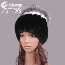 Winter hats for women russia real mink fur hat with silver fox fur top bulb 2016 fashion elegant beanie highend women’s fur hat