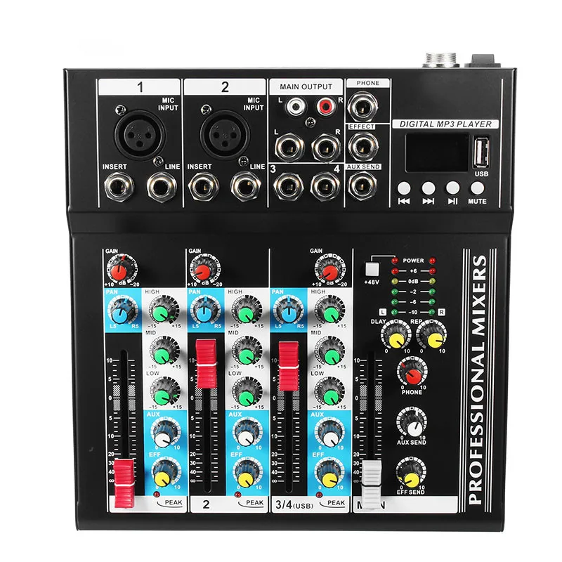 

bluetooth 4 Channel Sound Mixing Amplifier Console Microphone Karaoke Stage Live Studio Audio Mixer 48V Phantom Power With USB
