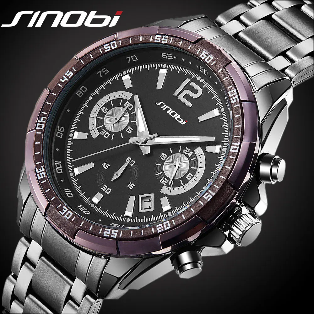SINOBI Top Luxury Brand Wrist Watches Men Sports Full Steel Quartz Clock Male Clock Military