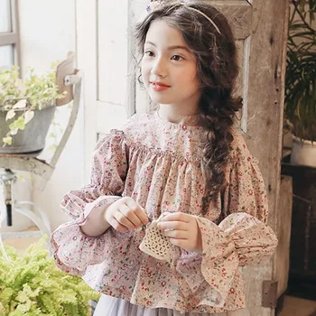 

Floral printed cotton long sleeve girls blouses autumn 2018 kids spring little big girls kids school shirts clothes