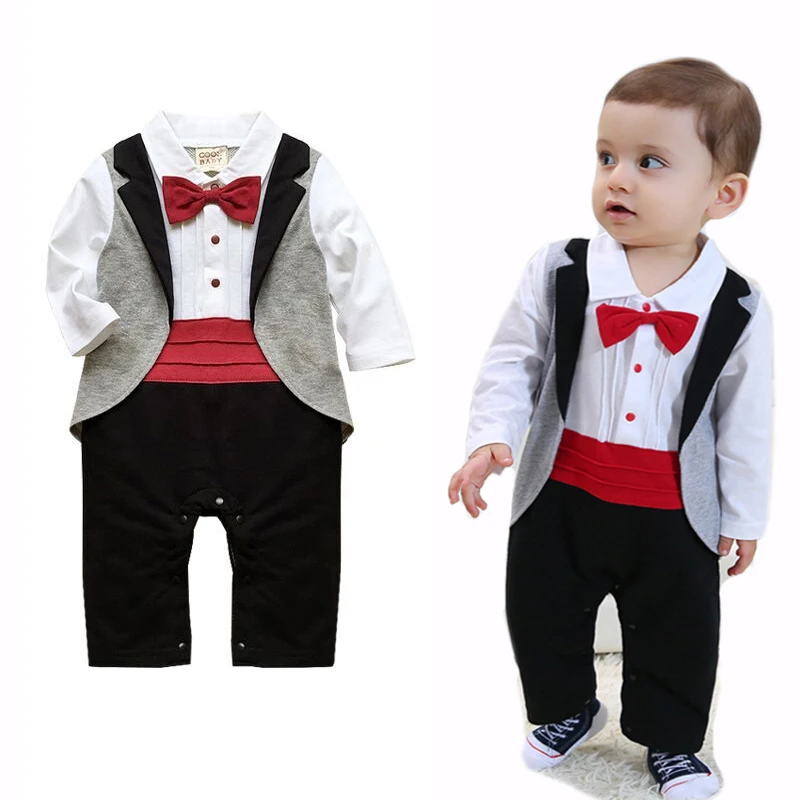 Image One Piece Toddler Handsome Baby Tuxedo Children Clothes Tie Dress Lovely Baby Boy Gentleman Rompers