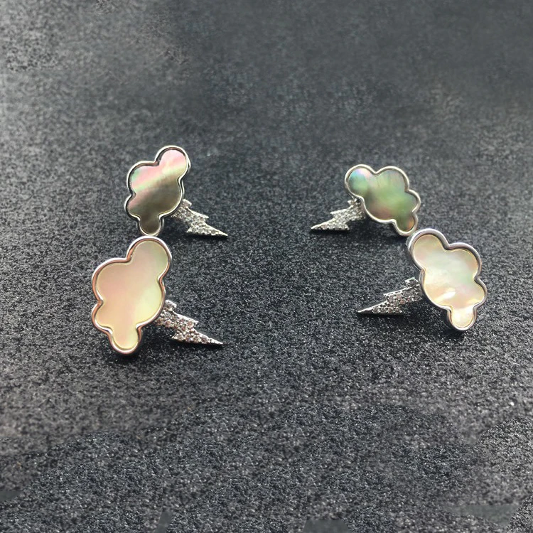 

High quality pure handmade 925 sterling silver weather lightning cute clouds lightning geometric shell stud earrings girls gift