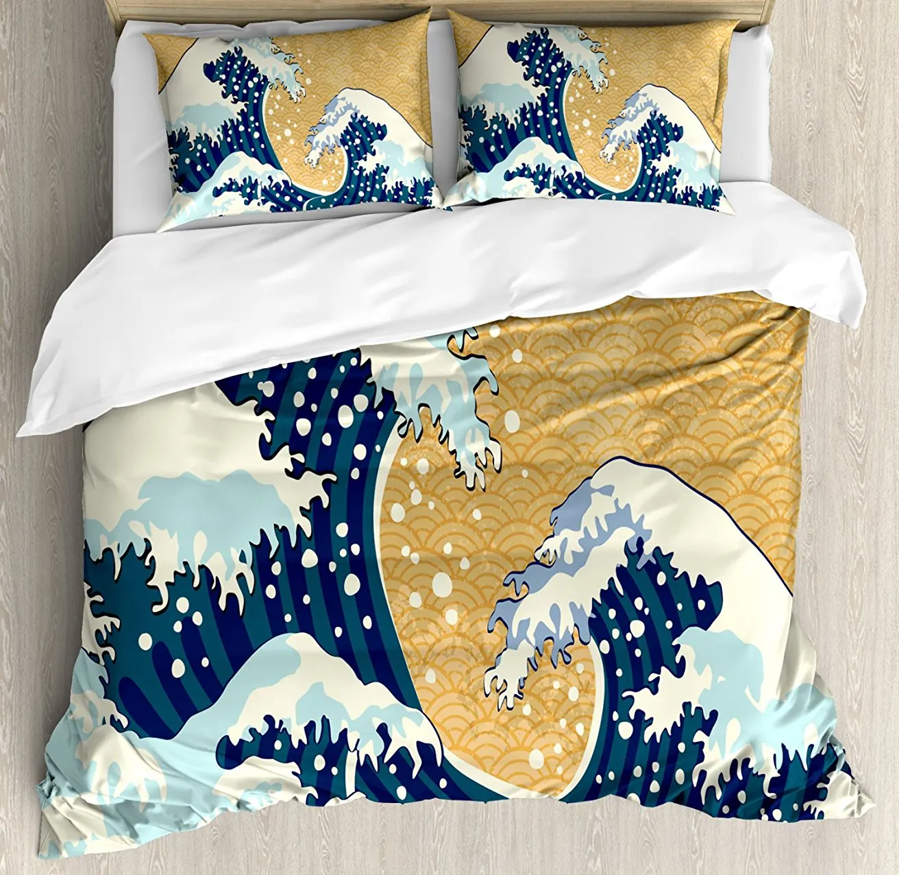 Japanese Wave Duvet Cover Set Sea Storm in Japan Traditional Drawing