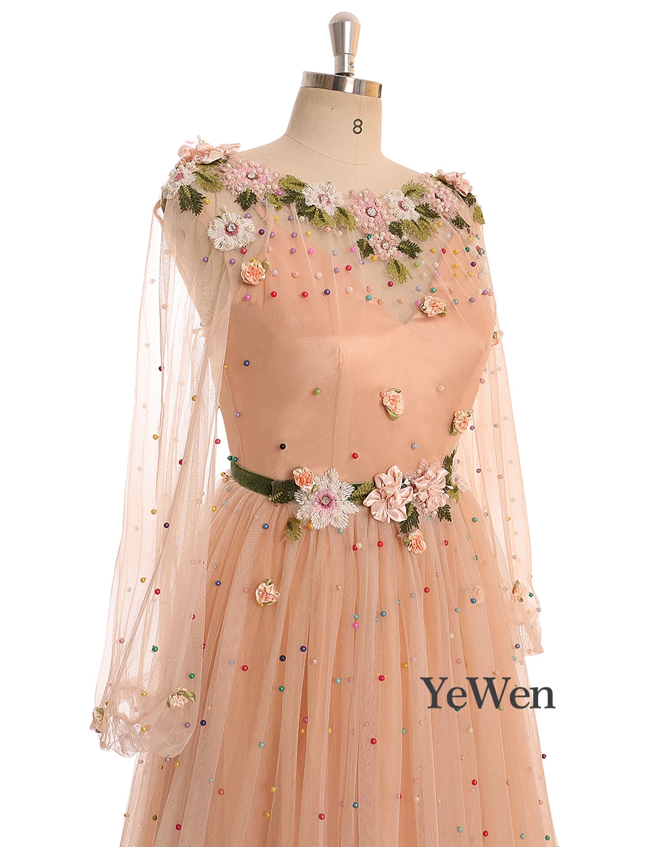 Персиковое вечернее платье с длинным рукавом в Дубае, дизайнерское, ручная работа, цветы, жемчуг, вечерние платья, кружевное платье для особых случаев YM20282
