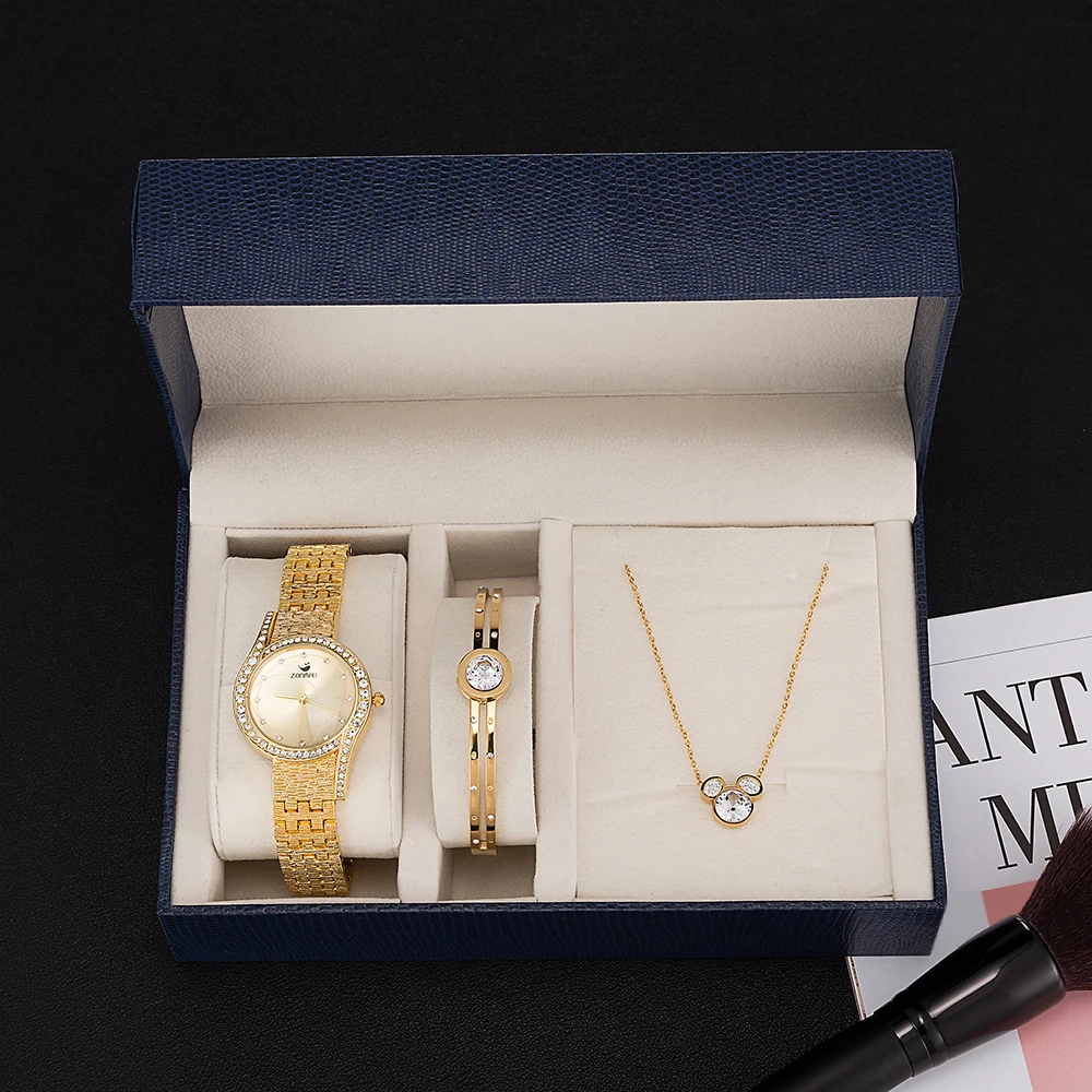 3 шт. наборы часов для женщин Циркон высокое качество браслет часы ожерелье, браслет из нержавеющей стали браслет набор часов с подарочной коробкой