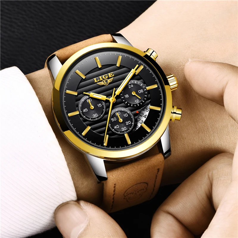 Relogio Masculino LIGE Fashion Watch Men Sport Military Clock Mens Watches Top Brand Luxury Quartz Waterproof Leather Gold Watch