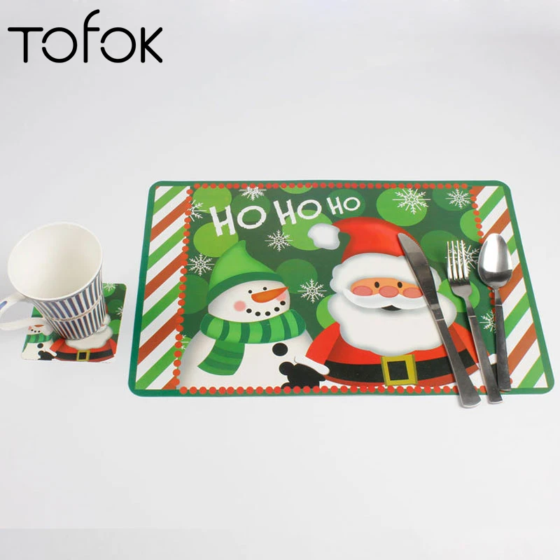 

Tofok 12Pcs/set Christmas Santa Claus Snowman Gift Pattern PVC Placemat Coaster Tableware Pad Home Kitchen Bar Xmas Party Decor