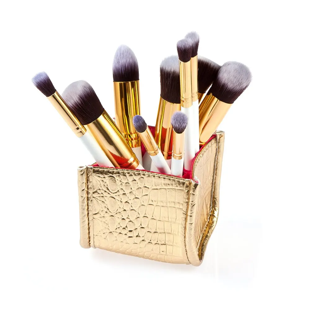

New Professional 10Pcs Cosmetic Makeup Tool Powder Foundation Brush with Grade Golden Alligator Pattern PU Box Hot Sale