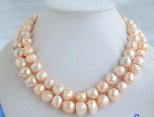 

FREE SHIPPING2row 15mm pink baroque freshwater cultured pearl necklace AAA
