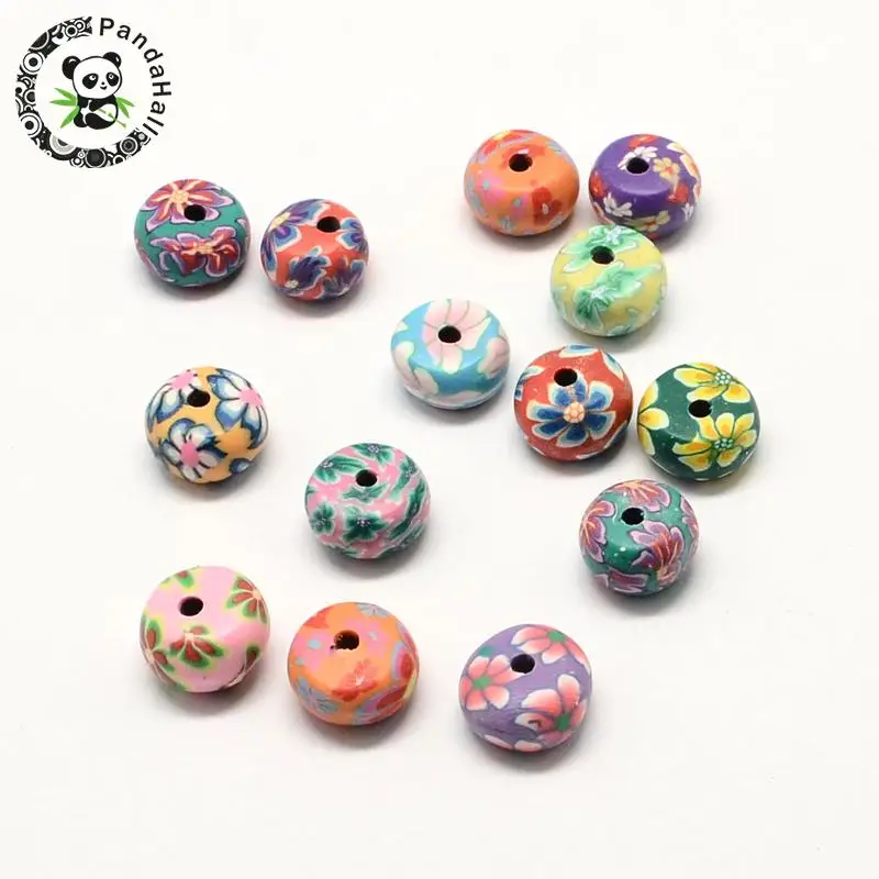 Mixed Color Flower Pattern Handmade Polymer Clay Flat Round Beads for Jewelry Making DIY 11~12x6~7mm Hole: 3mm | Украшения и