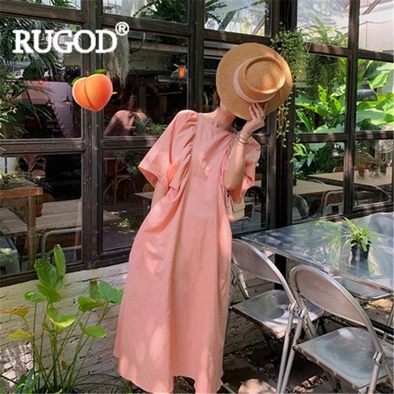 

RUGOD Women solid loose maxi dress v-neck pleated short sleeve plus size elegant casual long dress new summer fashion female