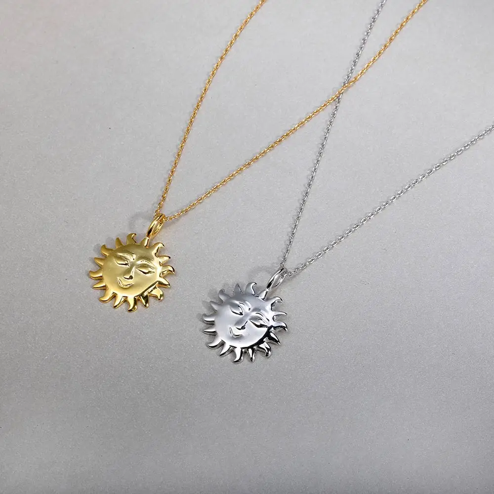 

Genuine 925 Sterling Silver Sun MoonChain Pendant Necklace For Women Gold Silver Lucky Fine jewelry Boho Bijoux Kolye