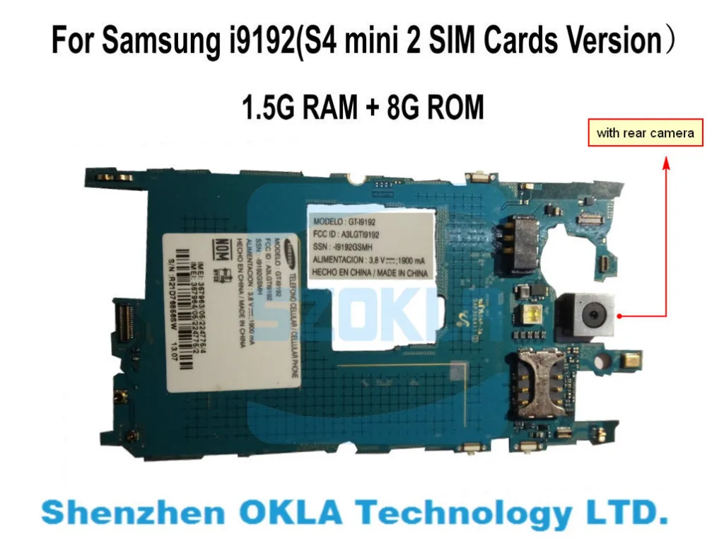 

1pcs with Camera For Samsung GT i9192 S4 mini 2 Dual SIM Cards 1.5G RAM 8G ROM Mainboard Motherboard Logic Board used original