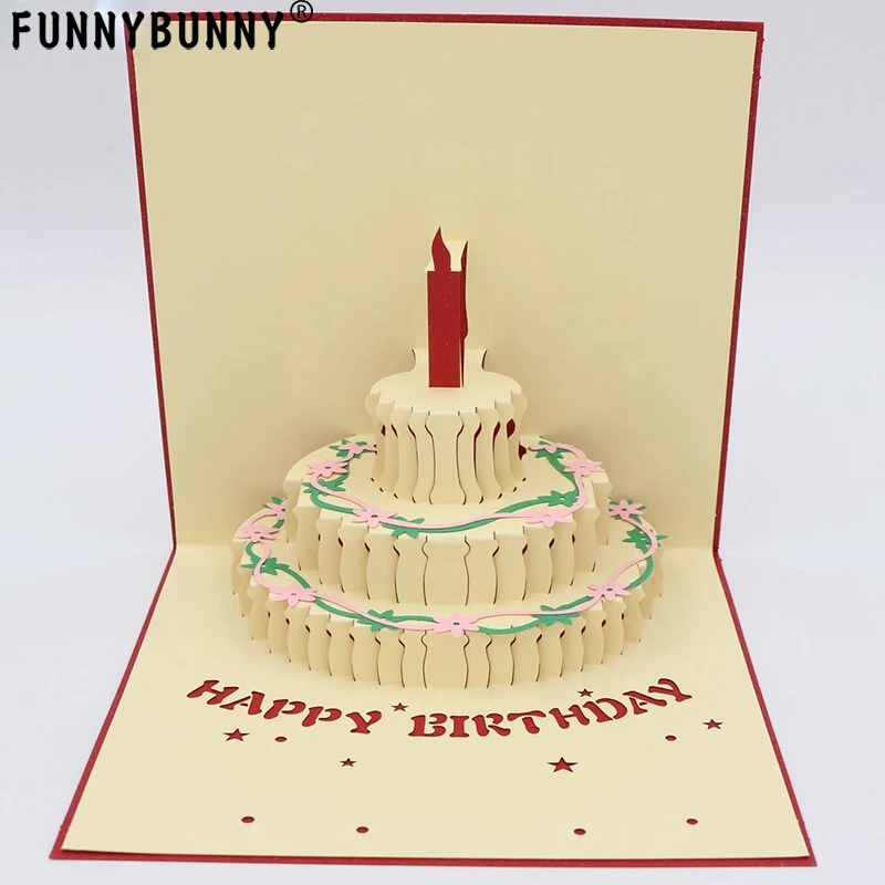 

FUNNYBUNNY Handmade Creative 3D Pop Up Laser Cut Happy Birthday Greeting Cards ( Birthday Cake Red)
