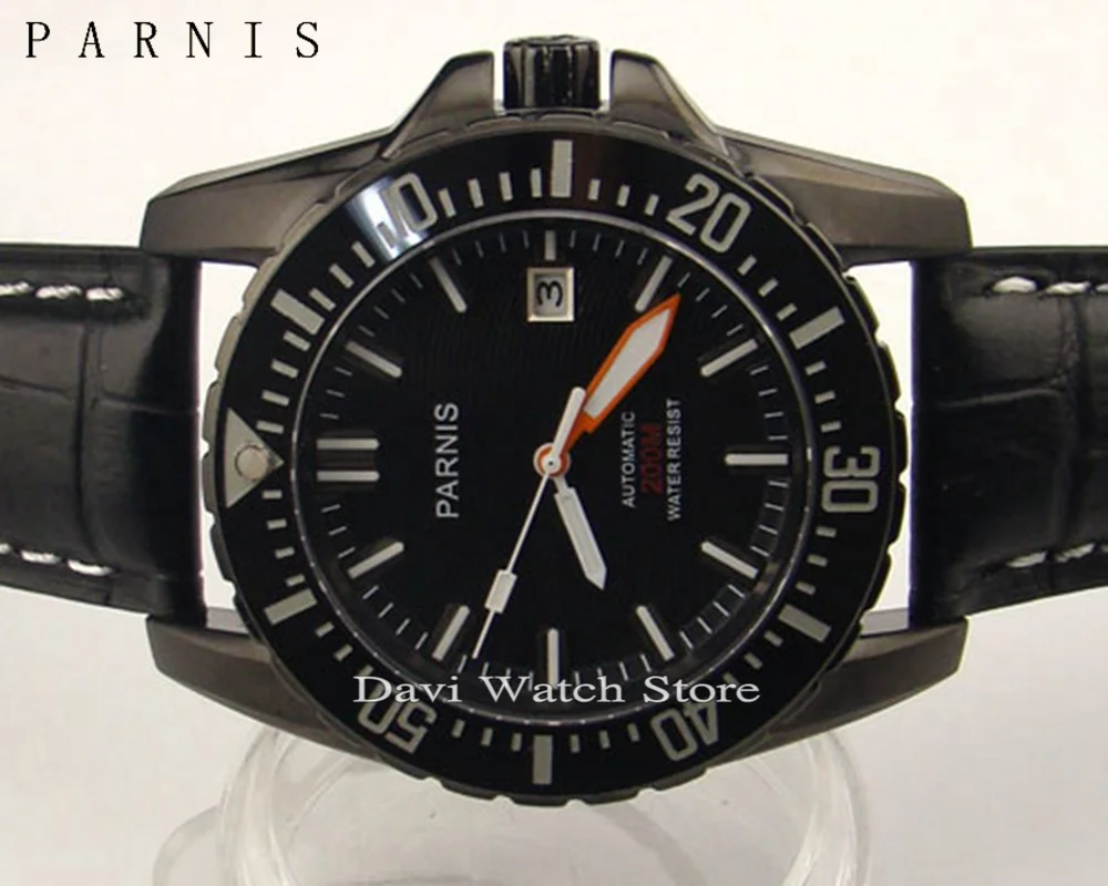 

43mm Parnis mechanical steel black case 20ATM PVD Automatic sapphire glass Mens Watch