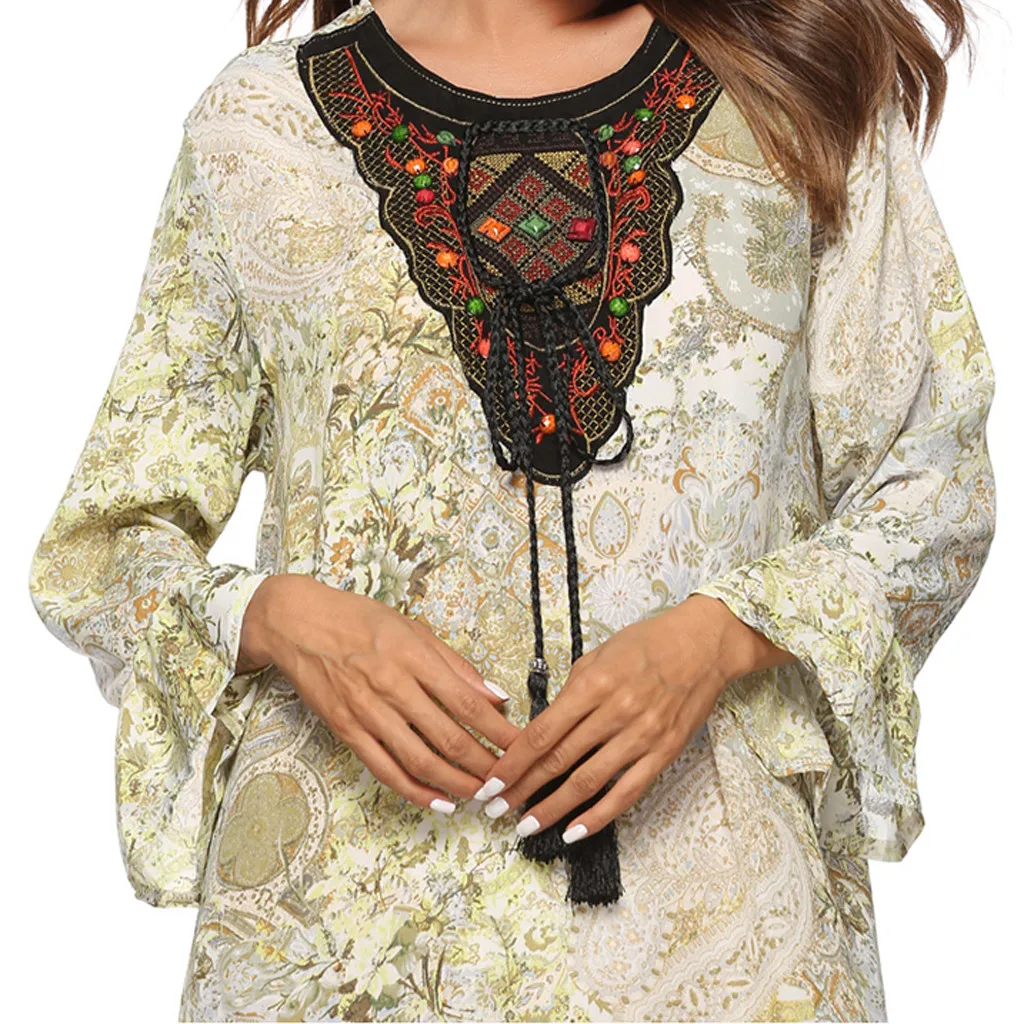 Новое Женское повседневное мусульманское печатное свободное арабское платье с длинными рукавами ислам jilbaw платье с круглым вырезом с