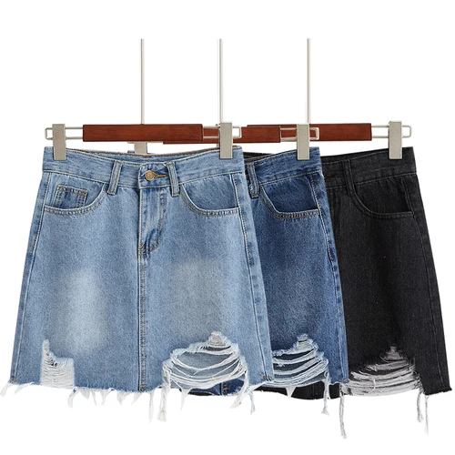 

TingYiLi High Waist Jeans Skirt Black Blue Hole Ripped Denim Skirts Womens Korean School Girl A Line Mini Skirt Summer