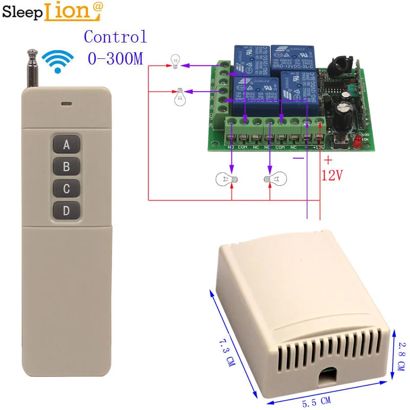 

Sleeplion 300M Controller Motor light Universal 12V 4 Channel Wireless Switch RF Remote Control 4CH 12V Universal Relay Switch