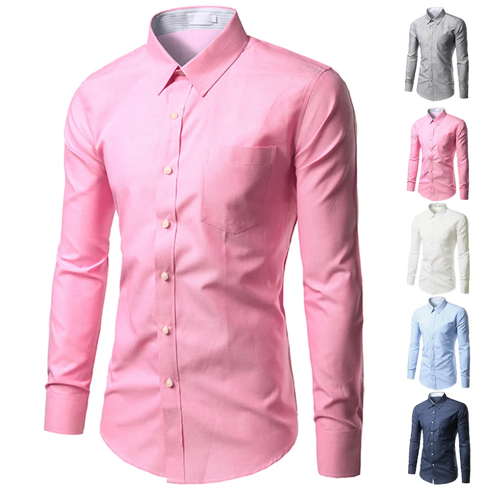 Brand Pink Shirt Men Chemise Homme Fashion Design Long Sleeve Slim Fit Business Mens Dress Shirts Causal Solid Color Mens Shirts