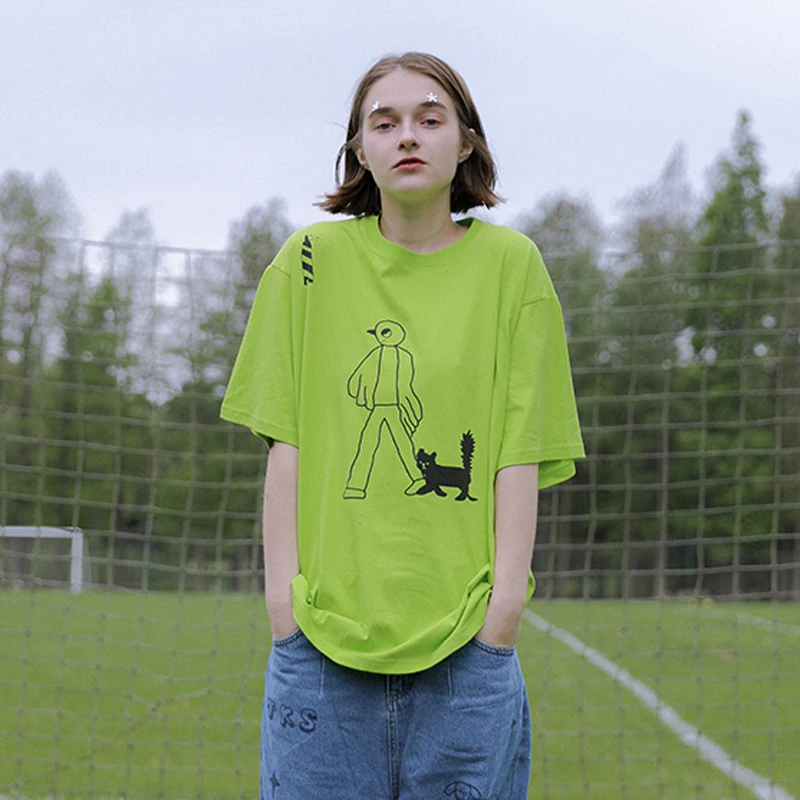 Harajuku Дизайнерская Женская флуоресцентная зеленая футболка, свободная женская футболка с круглым вырезом и мультяшным принтом, топы с коротким рукавом для лета