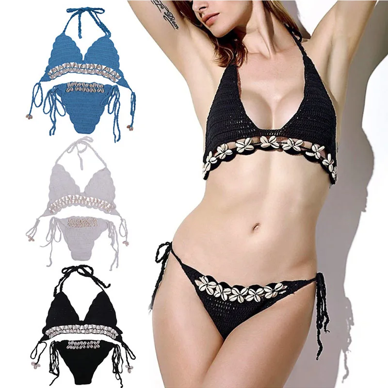 

KLV 2017 NEW Sexy Handmade Crochet Beach Swimsuit Knitted Shell Bikini Swimwear Bathing Suit Femme Beach Swim Wear Swimsuit