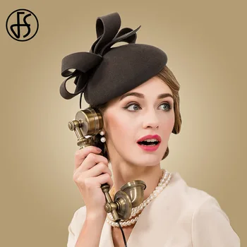 

FS Fascinator 100% Wool Wedding Dress Hat Women Dark Gray Fedora Vintage Ladies Pillbox Hats England British Bow Boina Feminino