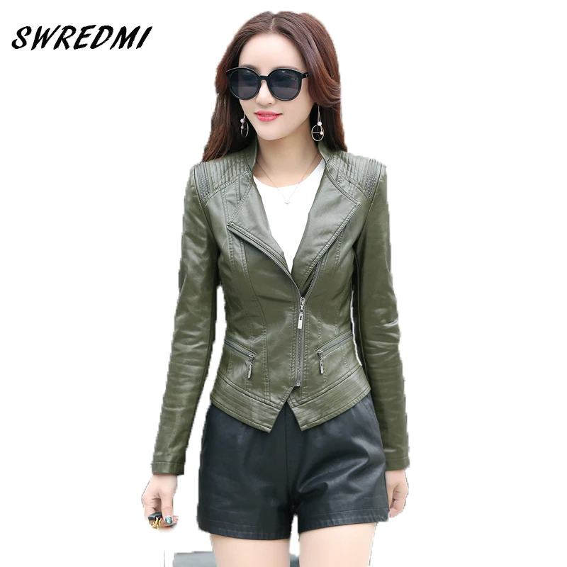 Buy 2018 New Army Green Women Leather Jacket Motorcycle Leather Coat Outerwear