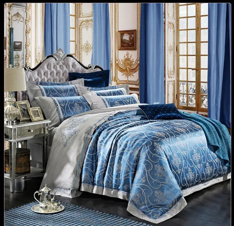 Green Blue Gold Satin Bedding Set Home Textile 4pcs Jacquard Silk