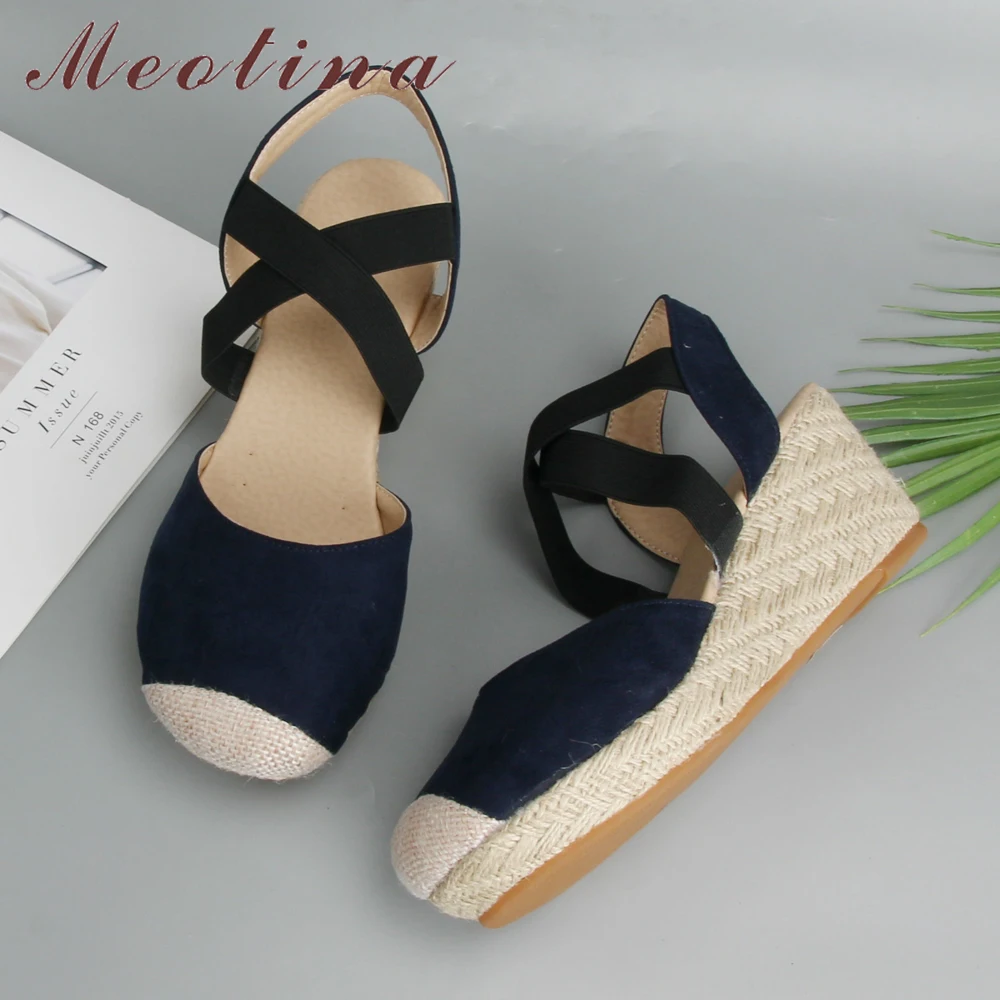 

Meotina Platform Wedges Sandals Women Shoes Summer Espadrille Sandals Bohemia Cross Strap High Heels Two Piece Beige Big Size 10