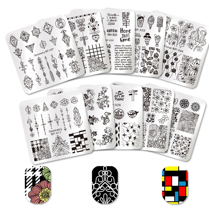 

BORN PRETTY 10Pcs Square Nail Art Stamping Plates + 1Pc Stamper Scraper DIY Image Stamp Template Manicure Tools Set