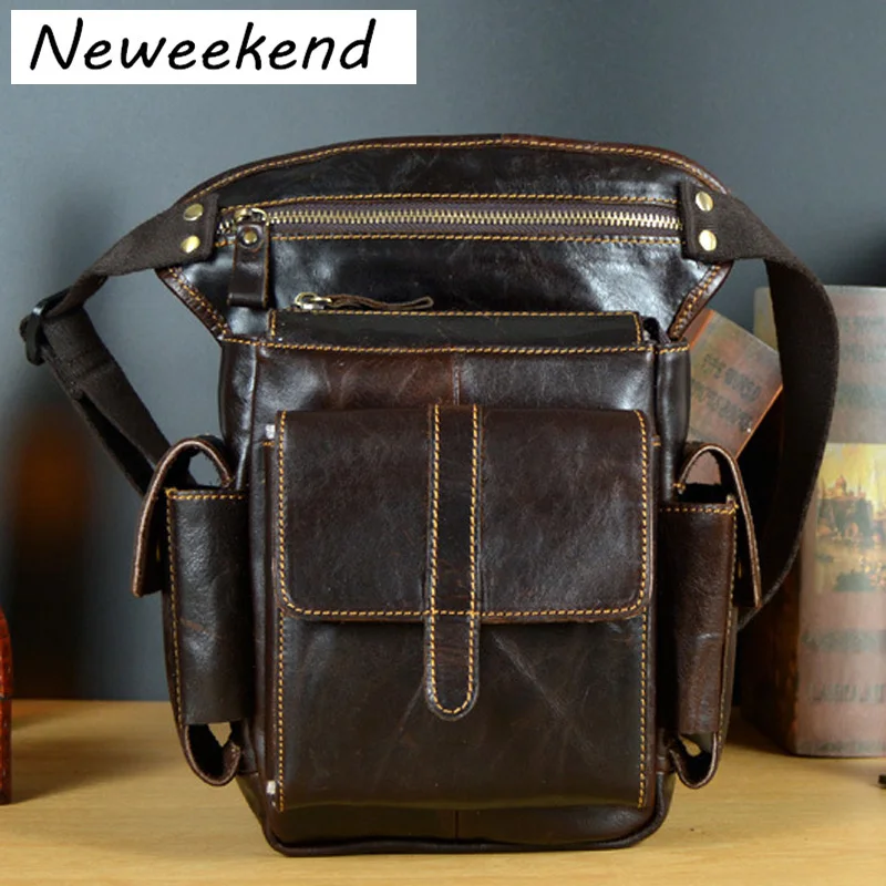 

NEWEEKEND Men's Cowhide Geunine Leather Travel Motorcycle Messenger Shoulder Hip Belt Fanny Pack Waist Drop Leg Bag LZ-8900